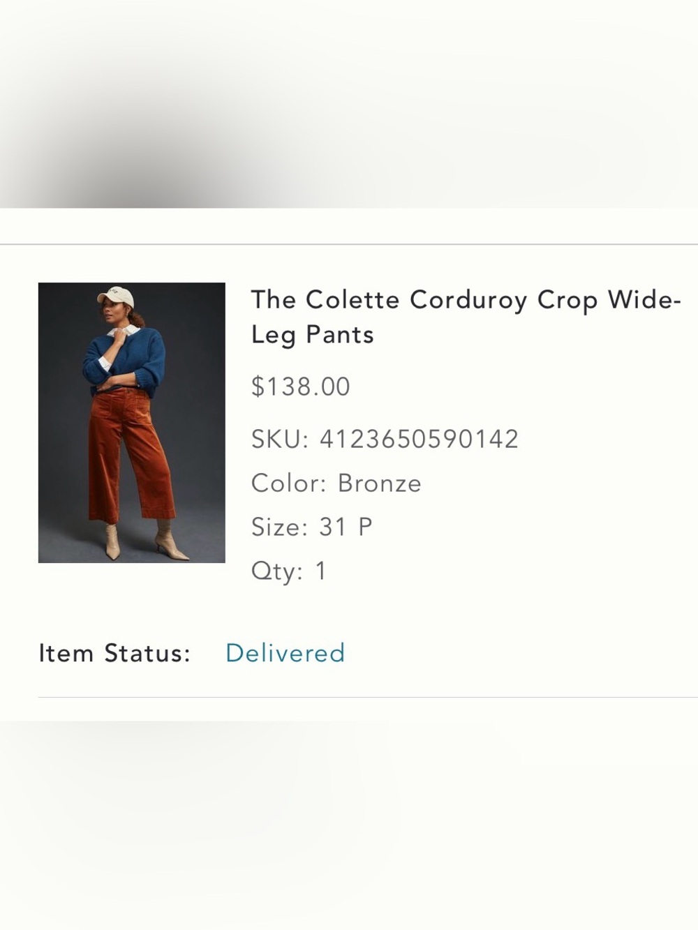 Maeve Colette Corduroy Crop Wide-Leg Pants in Bronze Size 31P